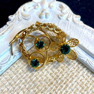 Vintage Floral Filigree Brooch Green & Gold Tone